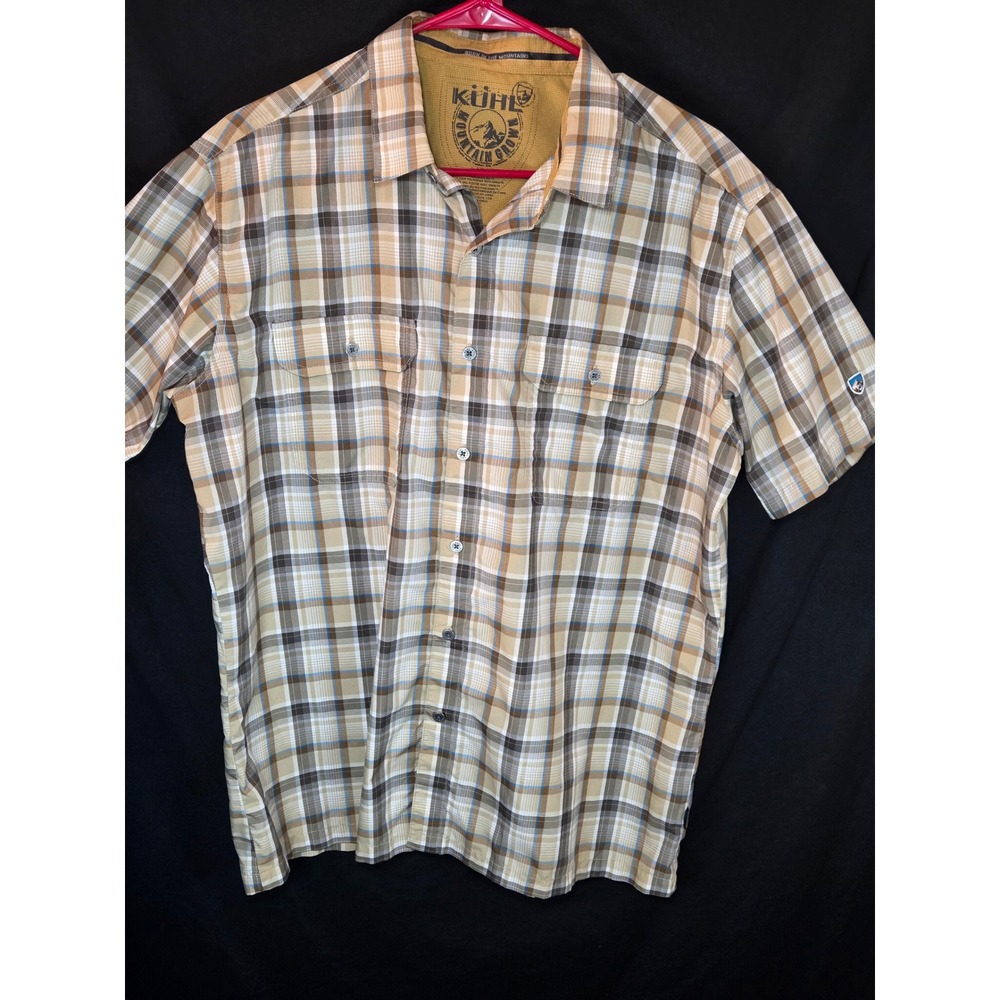 Kuhl Eluxur‎ Mens Large Brown Tan Madras Plaid Short Sleeve Button  Hiking Shirt